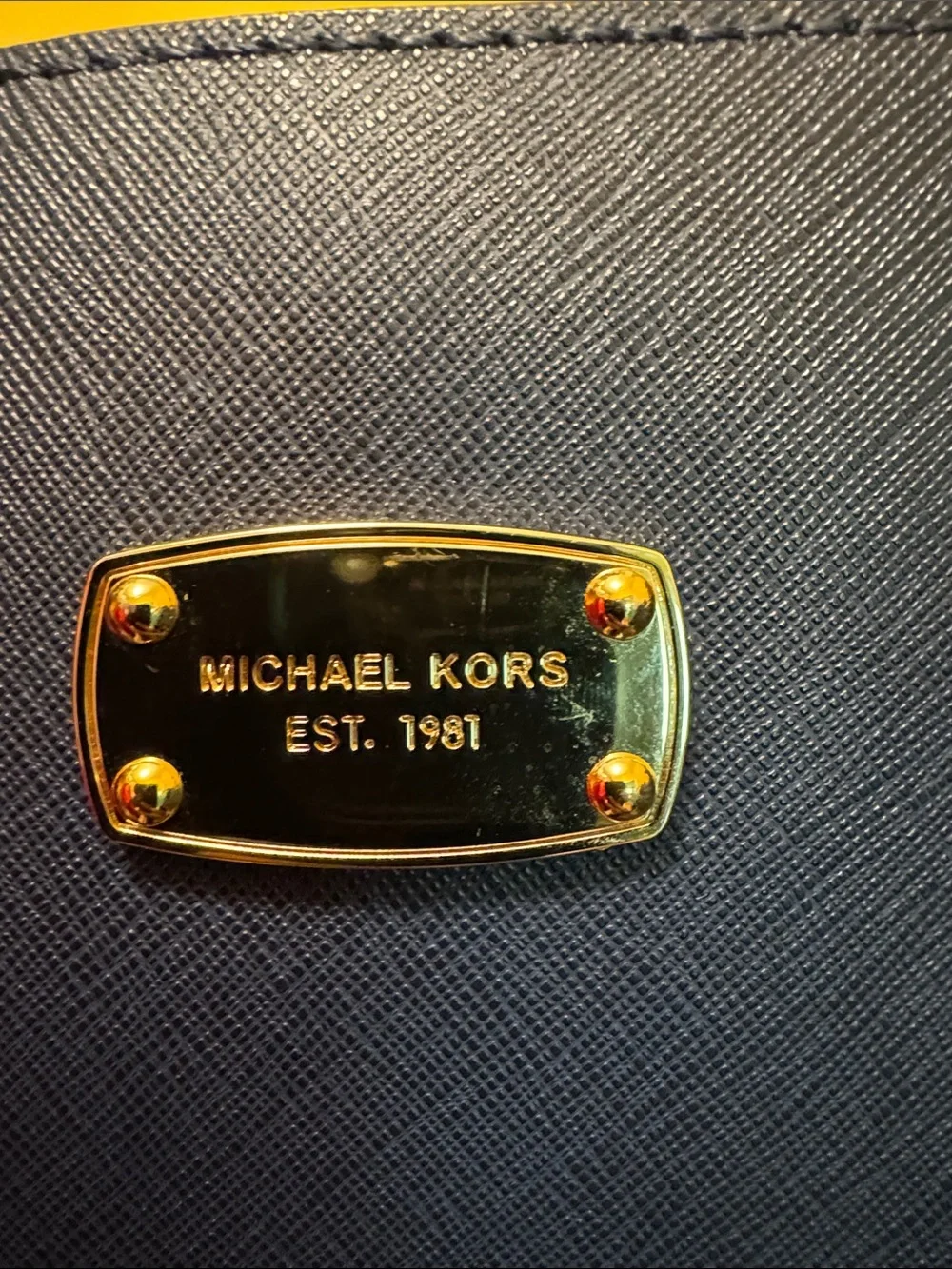 Michael Kors Navy Leather Saffiano Tote with Gold Hardware
